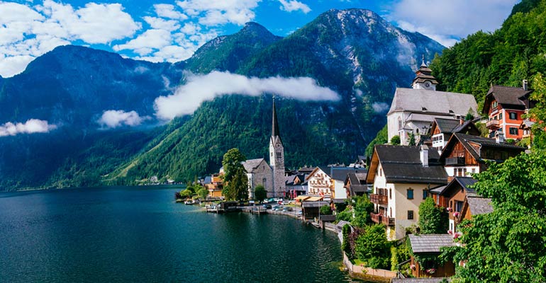 european village in the mountains on lake