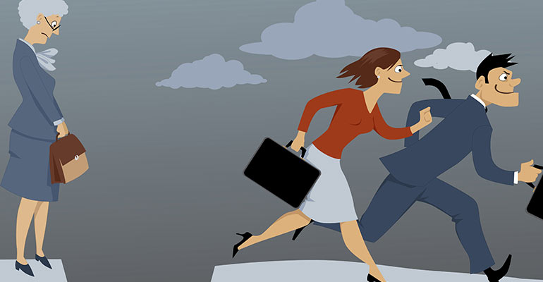 Illustration of female and male coworkers walking ahead of elderly female coworker