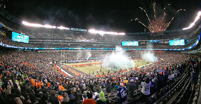 Fireworks inside of an NFL football stadium